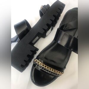 Forever 21 Black strap up, platform sandals with gold/silver chain.
